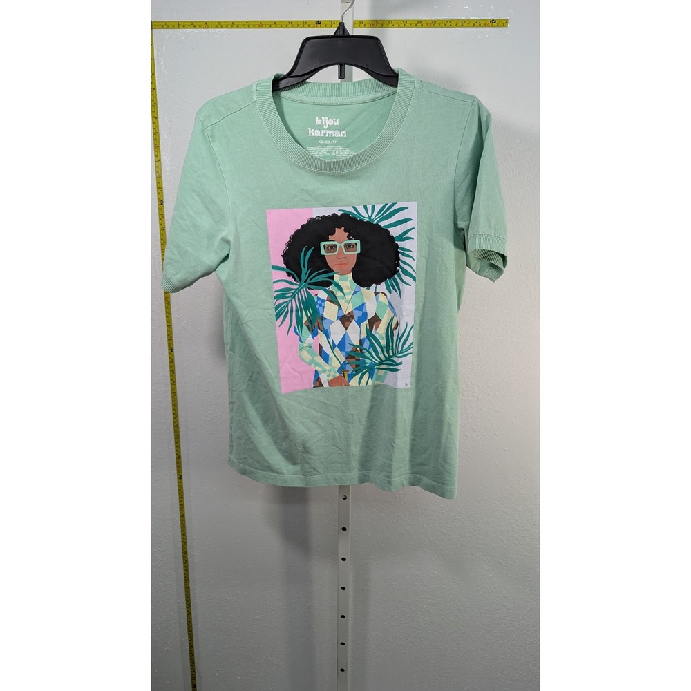 Bijou Karman Graphic T-Shirt Mint Green Portrait Art Tee Womens XS Cotton
